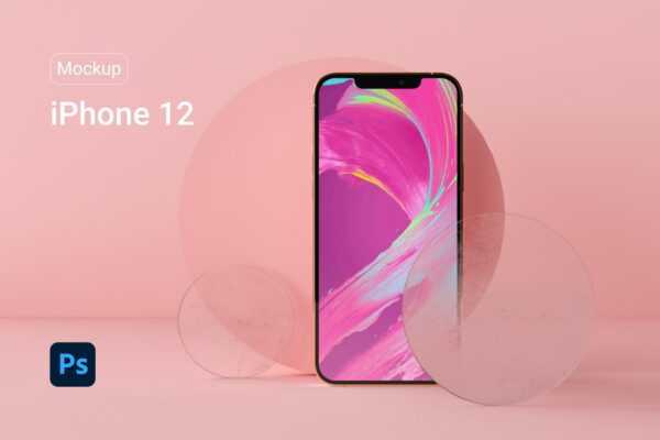 全新粉色背景APP界面设计iPhone 12手机屏幕演示样机 iPhone 12 Pink Scene Mockup