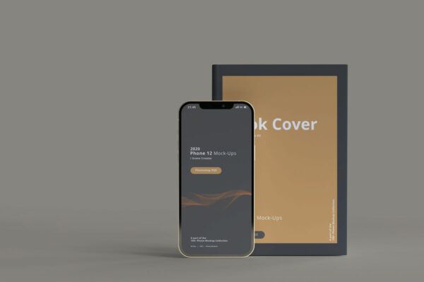 8款带书籍苹果手机Phone 12屏幕演示样机 2020 Smart Phone 12 Mockups With Book Cover-第1026期-