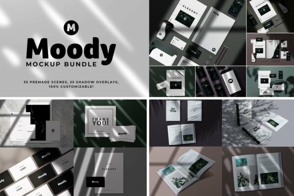 35款巨量书籍画册办公用品设计展示样机模板 Huge Moody Shadow Bundle-第1026期-