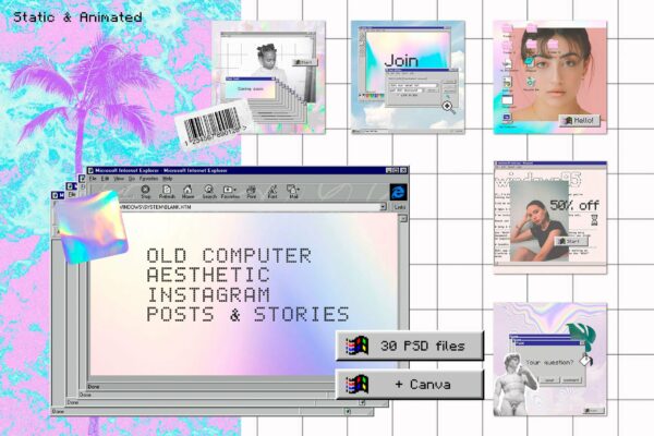 潮流复古Win95蒸汽波新媒体电商海报设计PS素材套装 Old Computer Insta Template Ps Canva-第960期-