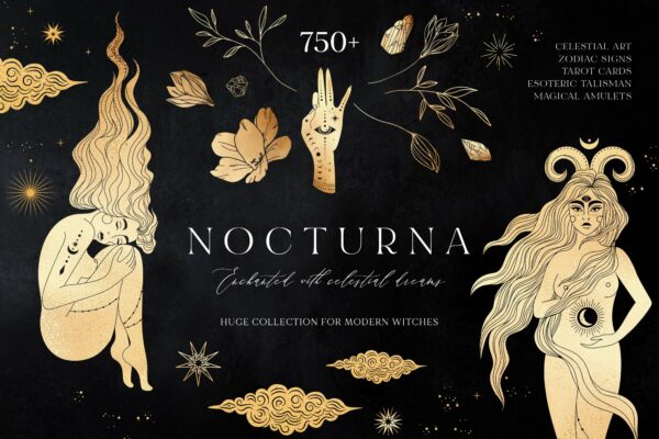神秘北欧风星座占星太阳神月亮女神塔罗牌手饰手绘插画AI设计素材-第1603期-