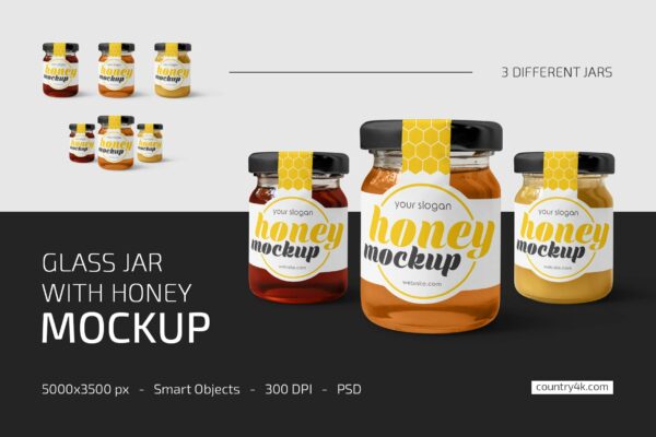 4款蜂蜜玻璃包装罐标签设计展示样机模板集 Glass Jar With Honey Mockup Set-第944期-