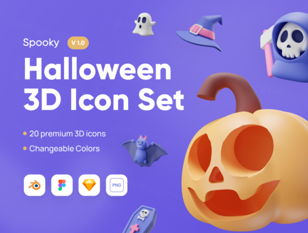 三维渲染卡通万圣节恐怖主题3D插画图标集 Spooky – Halloween 3D Icon Set