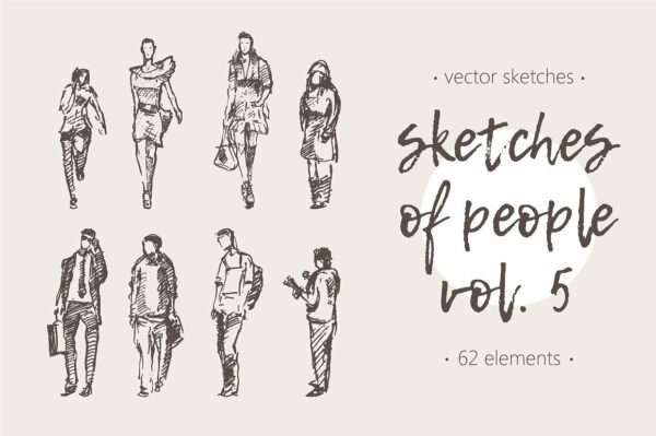 复古手绘人体设计素材Sketches of different people, vol. 5-第1471期-