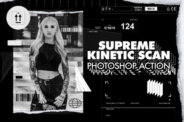 动态排版美学复古做旧垃圾半色调图片效果PS动作 Supreme Kinetic Scan PS Action-第1483期-