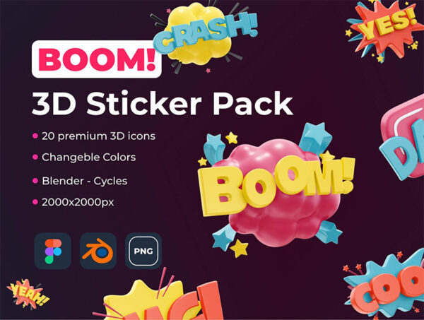 高品质三维渲染电商网站活动3D促销语插图素材合辑 BOOM! 3D Sticker Pack-第1498期-