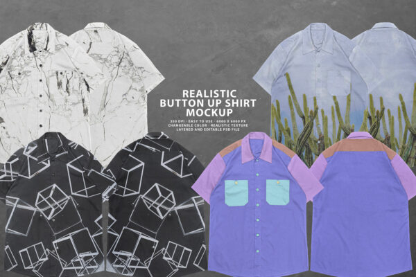潮流复古潮牌落肩短袖衬衫服装印花图案设计贴图Ps样机素材模板 Realistic Button-Up Shirt Mockup