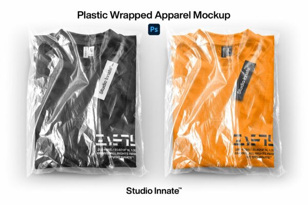 透明塑料包装袋服装吊牌设计贴图样机模板 Plastic Packed Garment Mockup
