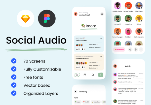 社交音频应用程序APP UI套件 Social Audio App UI Kit