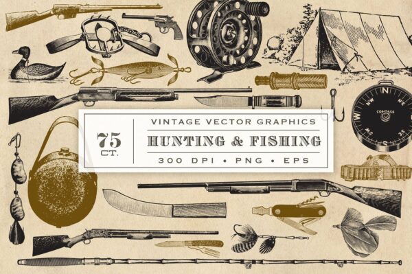 75个老式狩猎矢量插画设计Hunting Fishing Vector Graphics-第1795期-