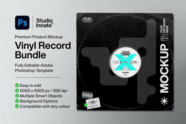潮流做旧艺术废旧黑胶唱片纸袋包装设计贴图样机模板 Vinyl Record – Mockup Bundle