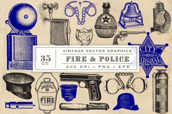 35款射击与警察复古矢量插画 Fire -amp; Police Vector Graphics-第1795期-