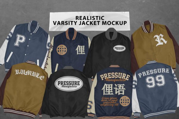 逼真高清街头嘻哈学校体育队服印花图案设计Ps智能贴图样机模板 Realistic Varsity Jacket Mockup