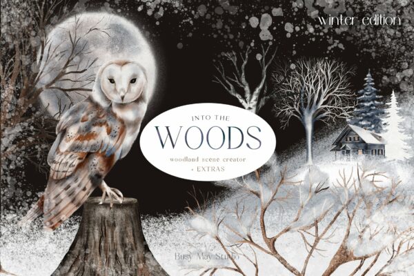 巨大北欧风冬季森林动物鸟类树木雪地手绘水彩画装饰图片素材 Huge Winter Woodland Scene Creator PNG