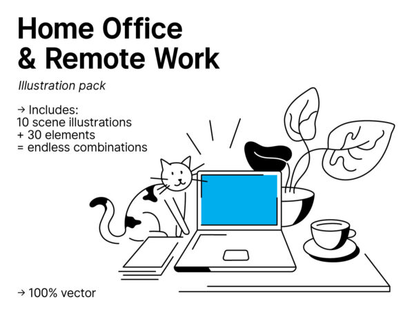 家庭办公室和远程工作动物猫咪人物插画设计包-第1363期-