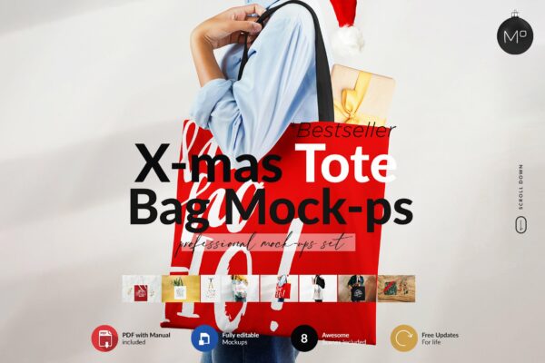 多角度圣诞节主题无纺帆布袋印花图案设计展示贴图样机 Xmas Tote Bag Mockups-第1232期-