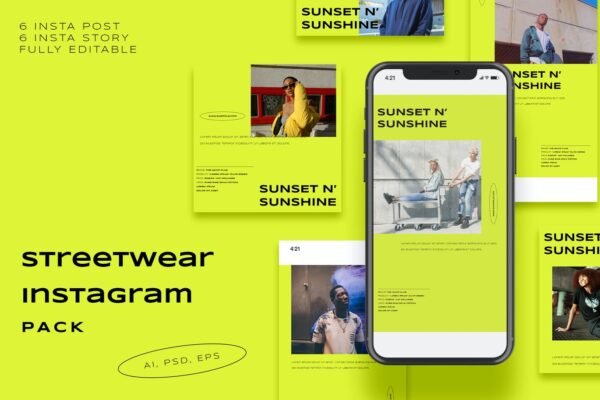 潮流绿色系街头服饰品牌营销推广新媒体电商海报模板 Streetwear Instagram Pack