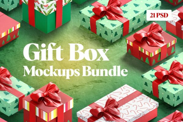 21款多种规格产品礼品包装纸盒印花图案设计动态展示贴图样机模板 Gift Box Mockups Bundle