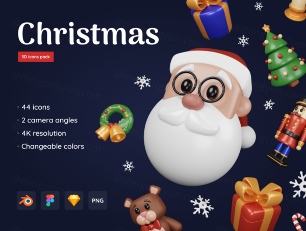 44个三维渲染卡通圣诞元素图标插画集 Christmas Pack – Customizable 3D Icons