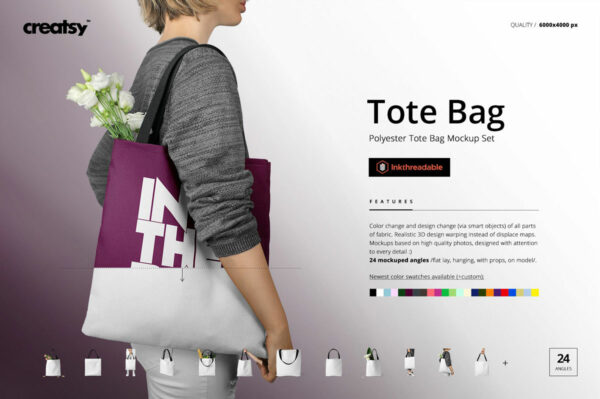 24款手提帆布袋设计展示效果图样机模板 Polyester Tote Bag Mockup Set-第1232期-