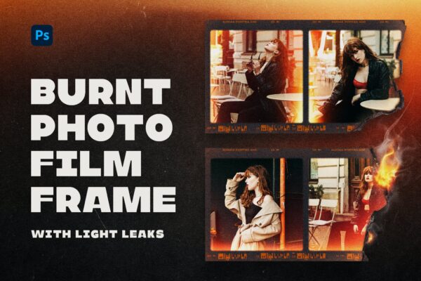 潮流复古火焰燃烧胶片相框照片修图滤镜Ps样机素材特效生成模板 Burnt Photo Film Frame with Light Leaks-第19