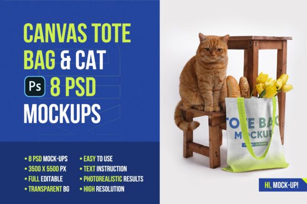 8款高质量猫咪场景无纺布帆布袋设计展示贴图样机 Canvas Tote Bag Mockups Vol 2-第1232期-