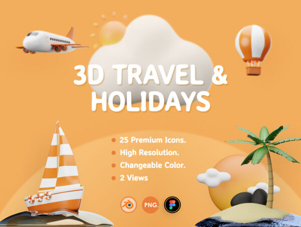 25款3D立体旅行和假期主题PNG图标设计素材 3D Travel and Holidays