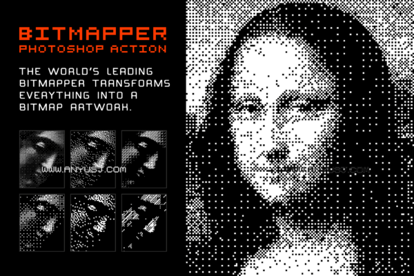 复古位图故障半调肌理颗粒像素纹理图照处理效果PS动作Bitmapper Photoshop Action-第2098期-