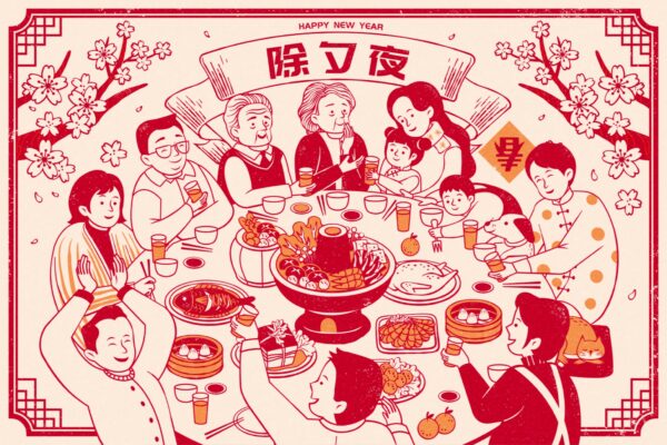 8款中国传统新年除夕夜年夜饭剪纸风插画海报banner设计EPS源文件-第1997期-