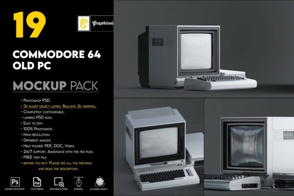 三维渲染复古老物件旧电脑CRT显示器展示样机PSD模板 Commodore 64 Old pc Mockup-第2221期-