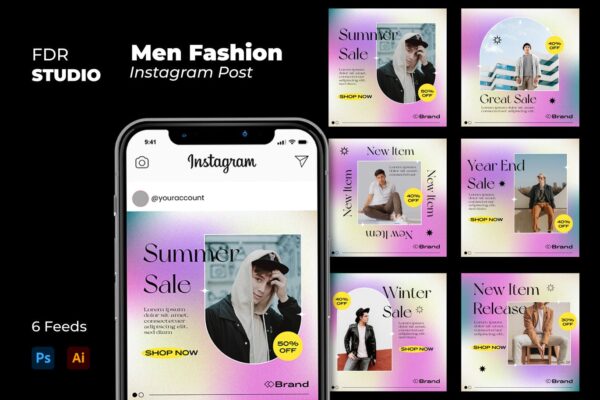 渐变男士服装营销推广海报新媒体设计素材 Men Fashion Instagram Post-第2184期-