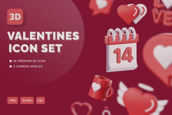 3d趣味卡通立体情人节礼物爱心爱情icon图标插图png免抠素材 Valentine 3D Icon Set