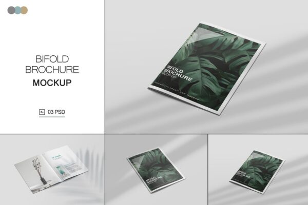 3个逼真A4/A5的双折两页 DL 画册图册宣传册PSD样机bifold-dl-brochure-mockups vol.1