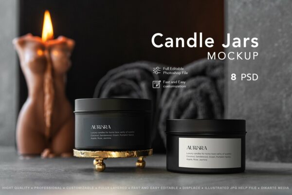 现代优雅化妆品蜡烛香薰玻璃杯设计展示贴图样机 Candle Jar MockUp
