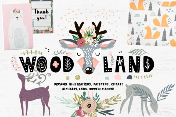 创意卡通梦幻森林元素动物树木花卉无缝隙矢量图案素材 Woodland Mood