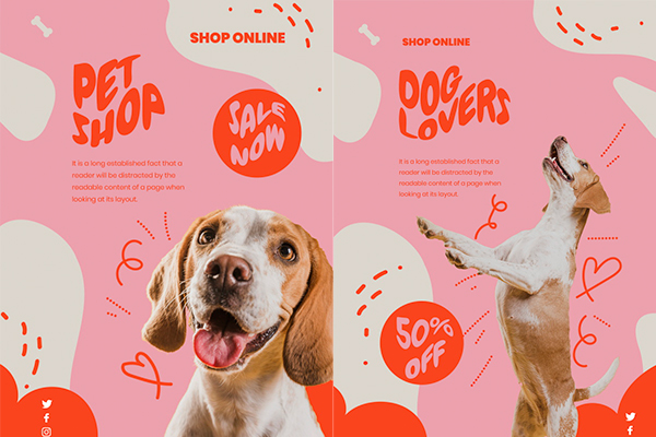 8款粉色宠物狗关爱照顾手绘元素海报PSD格式
