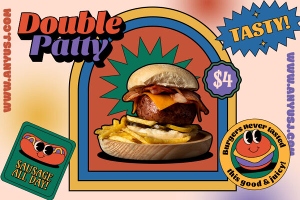 11款复古趣味汉堡快餐食品海报插画详情自媒体推文品牌排版设计源文件-第2382期-
