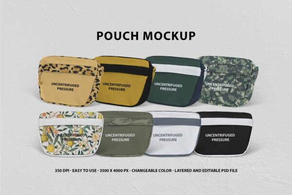 潮流复古潮牌尼龙手拿包腰包挎包印花图案设计贴图Ps样机素 材模板 Pouch Mockup