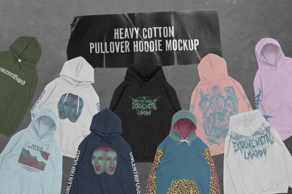 时尚潮流嘻哈风连衣帽卫衣印花图案设计贴图样机模板 Heavy Cotton Pullover Hoodie Mockup