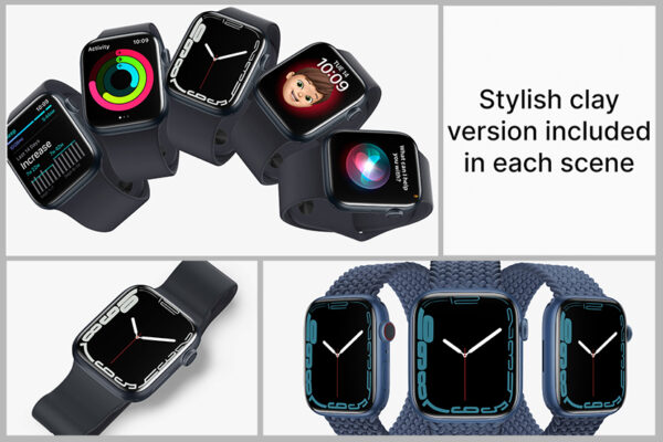 14款各种材质iWatch苹果手表S7屏幕UI界面设计展示贴图Ps样机套件Apple Watch Series 7 Mockups-第2369期-