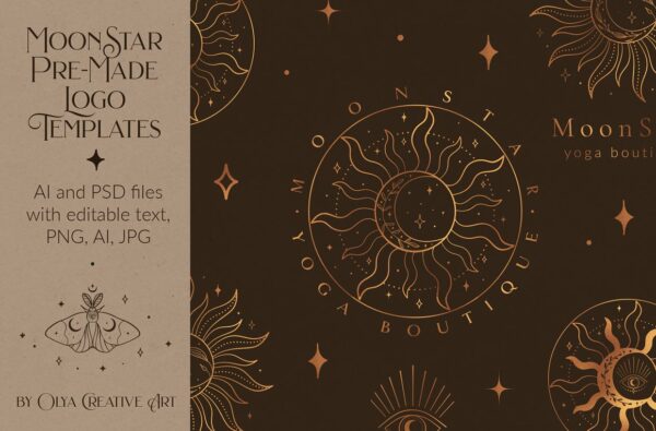 5款轻奢神秘太阳神太阳脸⽇⽉瑜伽Logo图形Ai⽮量设计素材源 ⽂件 Mystic Sun Moon Logo Templates Kit-第989期-
