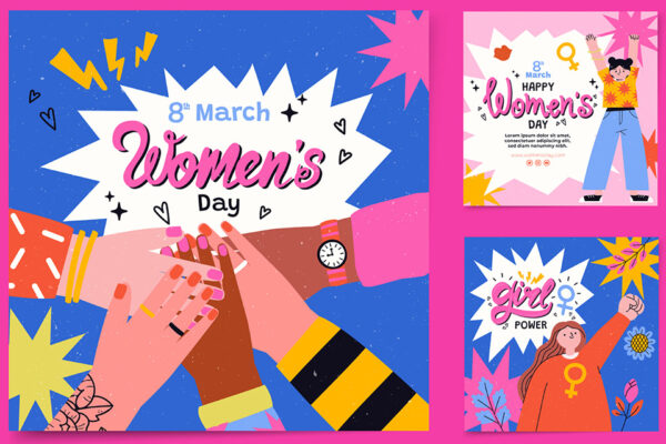 10款妇女节三八节节日庆祝氛围渲染品牌自媒体趣味卡通人物插画排版设计-第2282期-