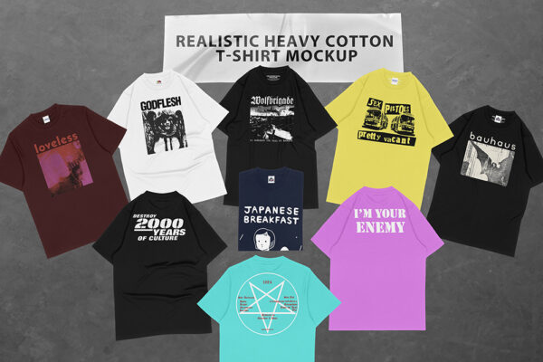 复古逼真嘻哈街头长款T恤半袖印花设计展示贴图样机模板 Heavy Cotton T-shirt Mockup