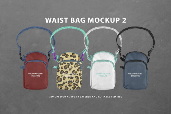 潮流复古尼龙潮牌腰包挎包印花图案设计贴图Ps样机素材展示 模板 Waist Bag Mockup 2