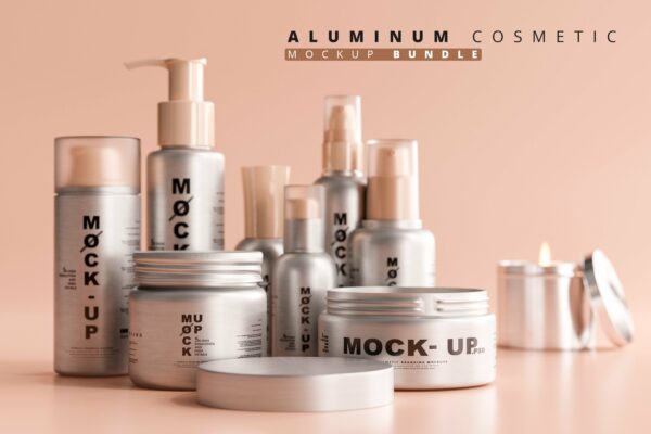 200款护肤化妆品品牌Logo设计铝制面霜乳液包装罐包装瓶贴图 PSD样机模板 Aluminum Cosmetic Mockup Bundle-第2338期-