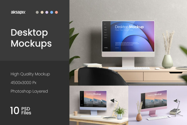 10个时尚网页APP界面设计苹果一体机iMac屏幕演示样机模板 Desktop Mockup