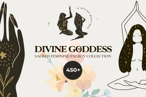 当代优美神秘女性瑜伽体操健身形态占星魔法女神线条矢量图案设计素材 Divine Goddess Feminine Magic Women-第2302期-