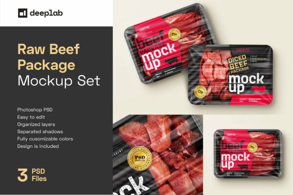 透明有机牛肉塑料包装盒贴纸设计展示贴图样机 Raw Beef Package Mockup Set-第2350期-