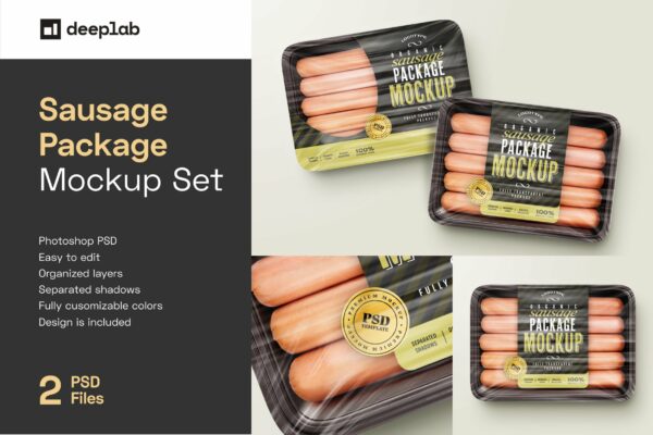 透明香肠火腿肠冷冻食品塑料包装盒贴纸设计展示贴图样机 Sausage Package Mockup Set-第2350期-