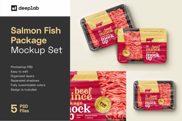 透明有机牛肉肉丝肉肉碎冷冻食品塑料包装盒贴纸设计展示贴图样机Beef Mince Package Mockup Set-第2350期-